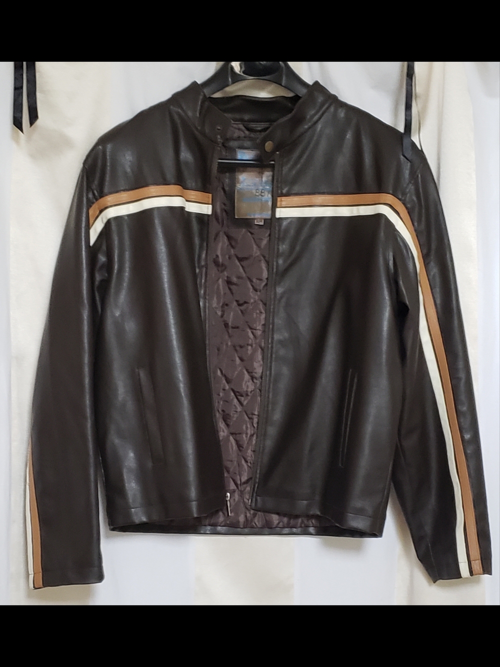 Brave Soul London Brown Leather Jacket with Racing Stripes